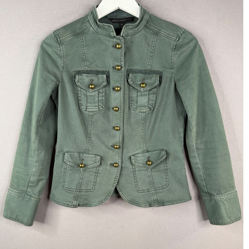 White House Black Market Military Jacket Women 0 Petite Green Brass Utility Y2K